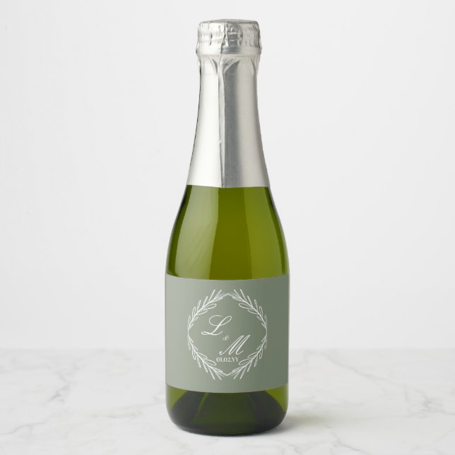 Monogram Script Branch Sage Green Wedding   Sparkling Wine Label (Front)