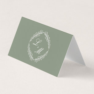 Monogram Script Branch Sage Green Wedding Table Business Card