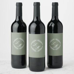 Monogram Script Branch Sage Green Wedding    Wine Label