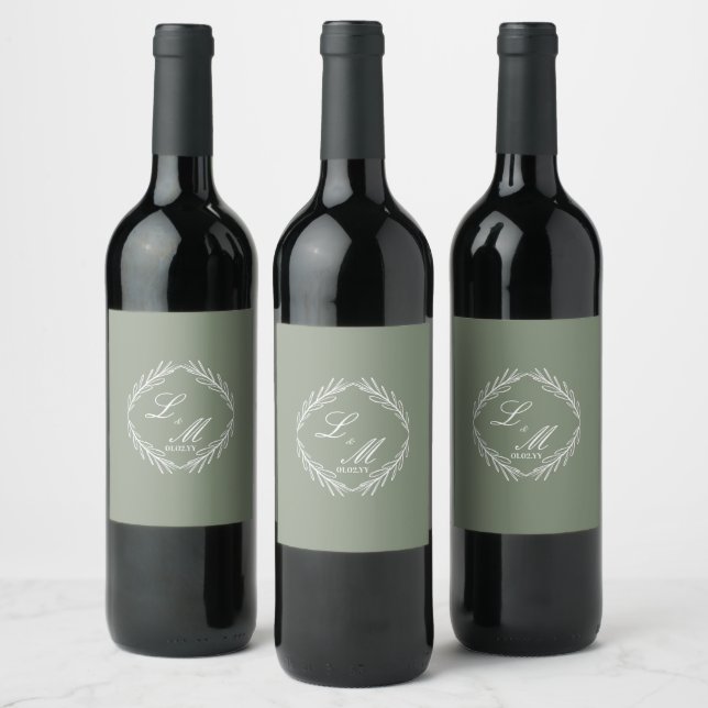 Monogram Script Branch Sage Green Wedding    Wine Label (Bottles)