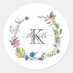 Monogram Script Calligraphy Butterflies Flowers  Classic Round Sticker