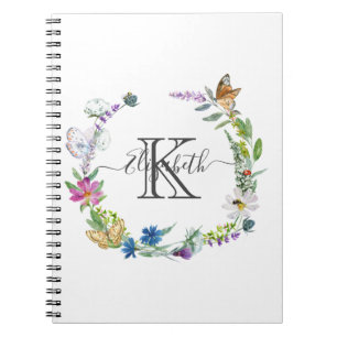 Monogram Script Calligraphy Butterflies Flowers Notebook