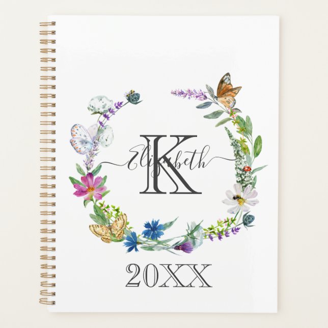 Monogram Script Calligraphy Butterflies Flowers Planner (Front)