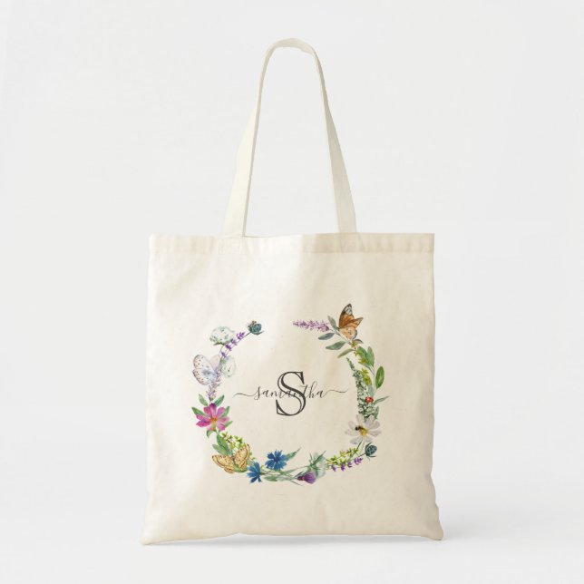 Monogram Script Calligraphy Butterflies Flowers Tote Bag (Front)
