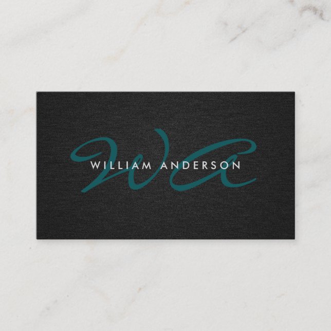 Monogram Script Corporate Minimal Black Linen Business Card (Front)
