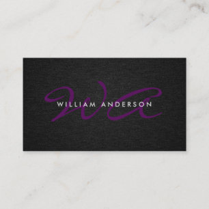Monogram Script Corporate Minimal Black Linen Business Card