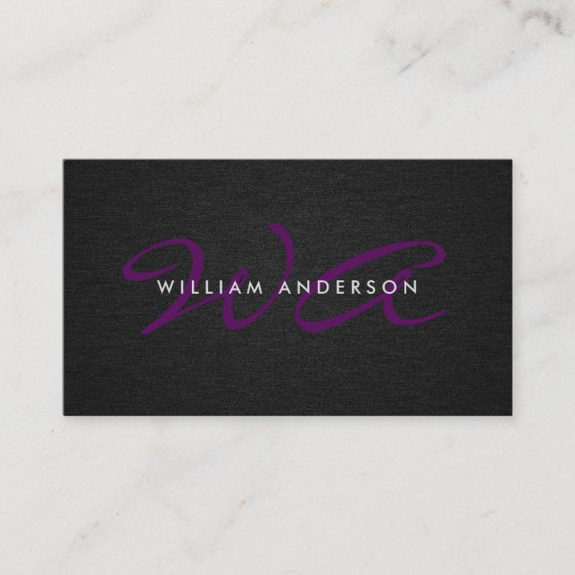 Monogram Script Corporate Minimal Black Linen Business Card (Front)