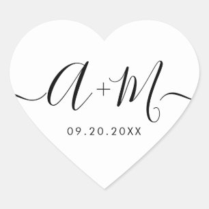 Monogram Script Custom Wedding date Heart Heart Sticker