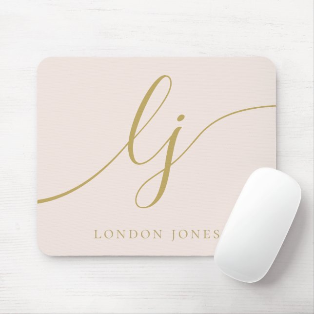 Monogram Script Elegant Girly Blush Pink Gold Mouse Pad (With Mouse)