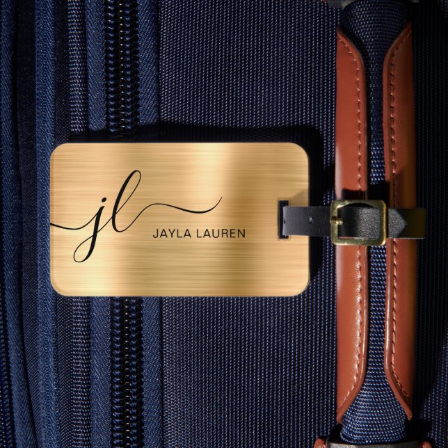 Monogram Script Faux Gold Metal Steel Luggage Tag (Front Insitu 4)