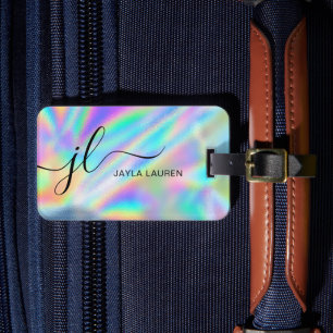 Monogram Script Faux Holographic Rainbow Luggage Tag