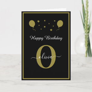 Monogram Script Happy Birthday Black White Gold Card