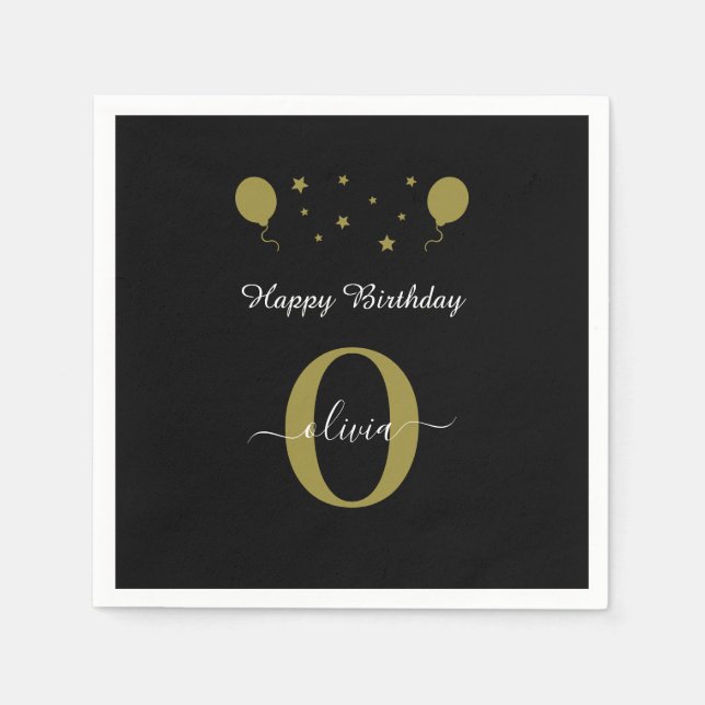 Monogram Script Happy Birthday Black White Gold Napkin (Front)
