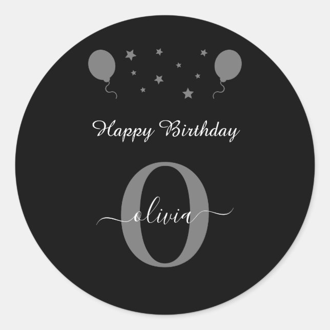 Monogram Script Happy Birthday Black White Grey Classic Round Sticker (Front)