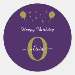 Monogram Script Happy Birthday Purple White Gold Classic Round Sticker