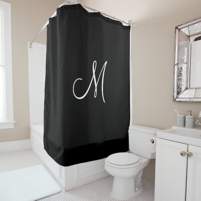 Monogram Script Initial Black White Minimal Simple Shower Curtain (In Situ)