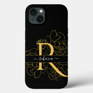 Monogram Script Modern Name Black Gold Floral iPhone 13 Case