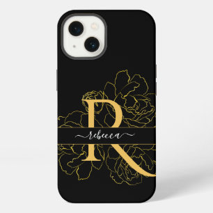 Monogram Script Modern Name Black Gold Floral iPhone 13 Case