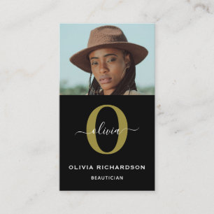 Monogram Script Name Black White Gold Job Vertical Business Card
