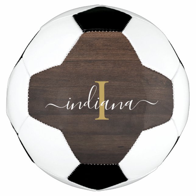 Monogram Script Name Initial Girl Custom Rustic Soccer Ball (Front)