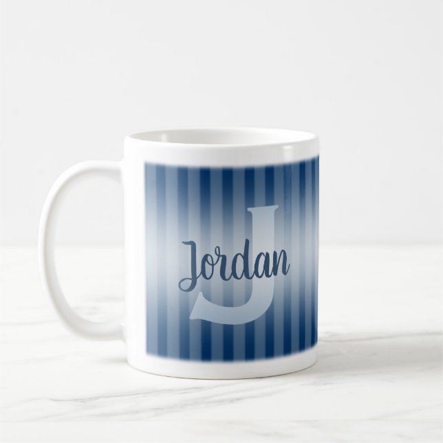 Monogram Script Name Navy Blue & White Stripes Coffee Mug (Left)