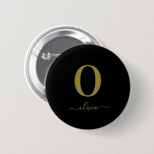Monogram Script Name Personalised Black And Gold 6 Cm Round Badge