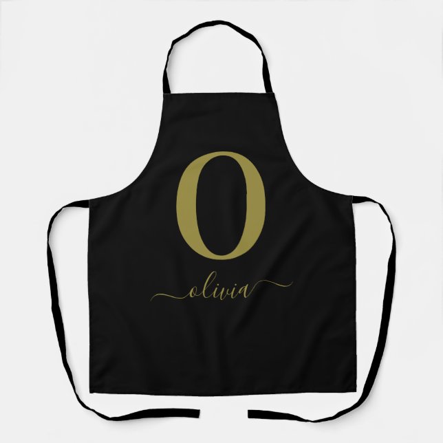 Monogram Script Name Personalised Black And Gold Apron (Front)
