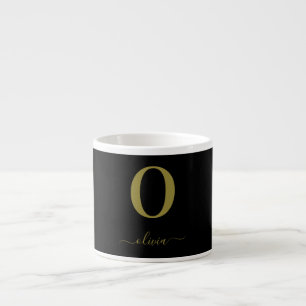 Monogram Script Name Personalised Black And Gold Espresso Cup