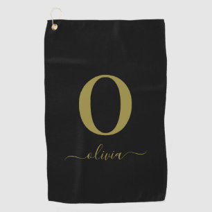 Monogram Script Name Personalised Black And Gold Golf Towel