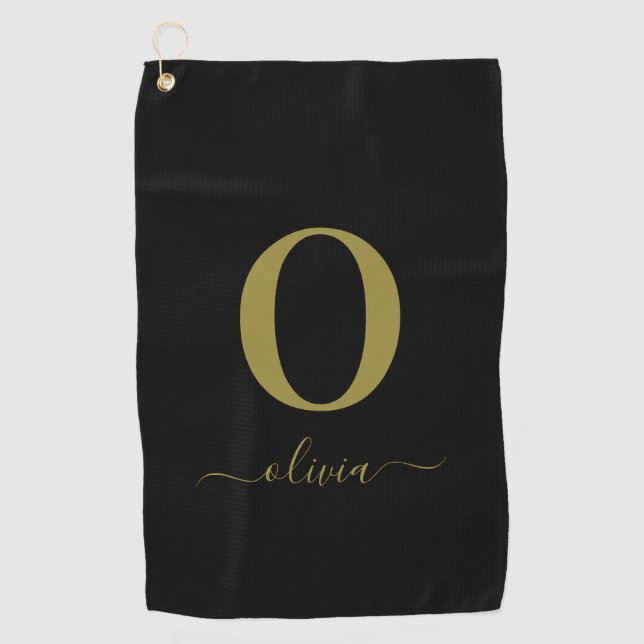 Monogram Script Name Personalised Black And Gold Golf Towel (Front)