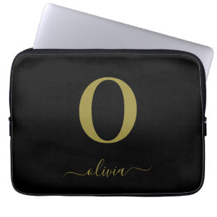 Monogram Script Name Personalised Black And Gold Laptop Sleeve
