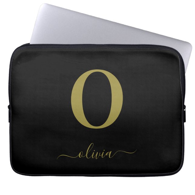 Monogram Script Name Personalised Black And Gold Laptop Sleeve (Front)