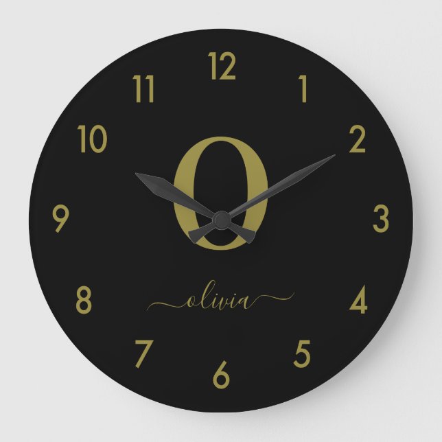Monogram Script Name Personalised Black And Gold Large Clock (Front)
