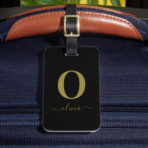 Monogram Script Name Personalised Black And Gold Luggage Tag