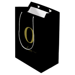 Monogram Script Name Personalised Black And Gold Medium Gift Bag