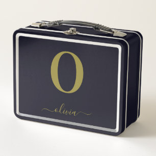 Monogram Script Name Personalised Black And Gold Metal Lunch Box