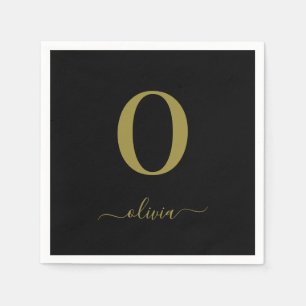 Monogram Script Name Personalised Black And Gold Napkin