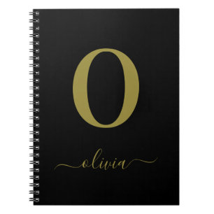 Monogram Script Name Personalised Black And Gold Notebook