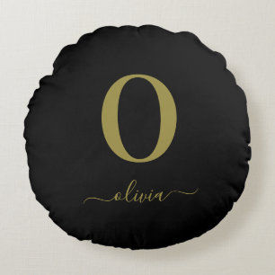 Monogram Script Name Personalised Black And Gold Round Cushion
