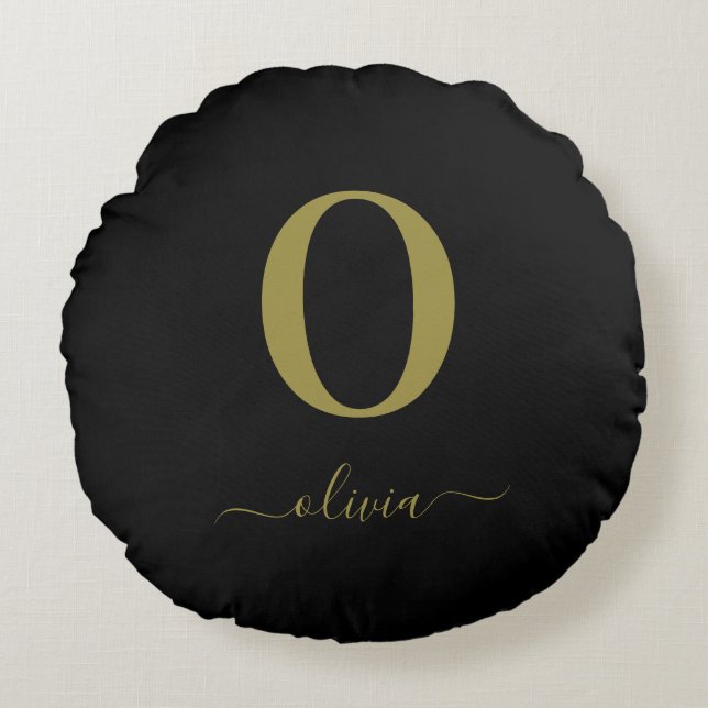 Monogram Script Name Personalised Black And Gold Round Cushion (Front)