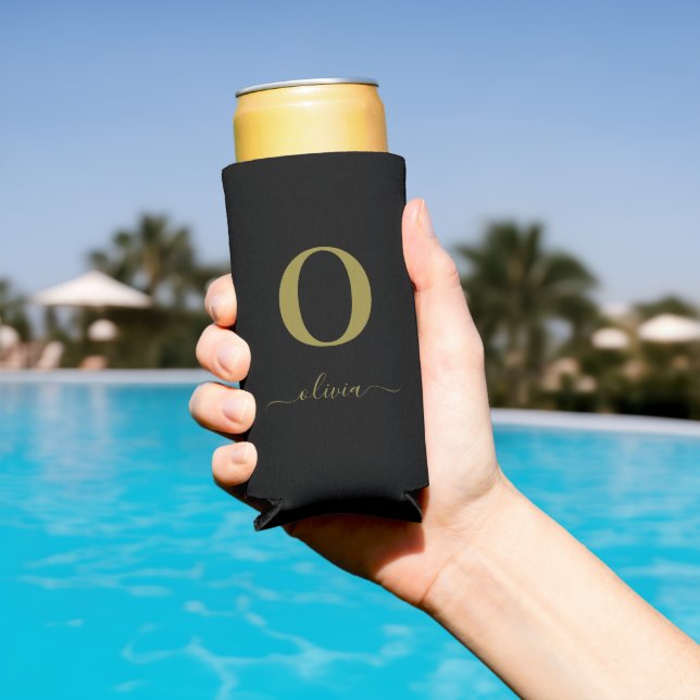 Monogram Script Name Personalised Black And Gold Seltzer Can Cooler (In Situ Pool)