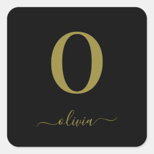 Monogram Script Name Personalised Black And Gold Square Sticker