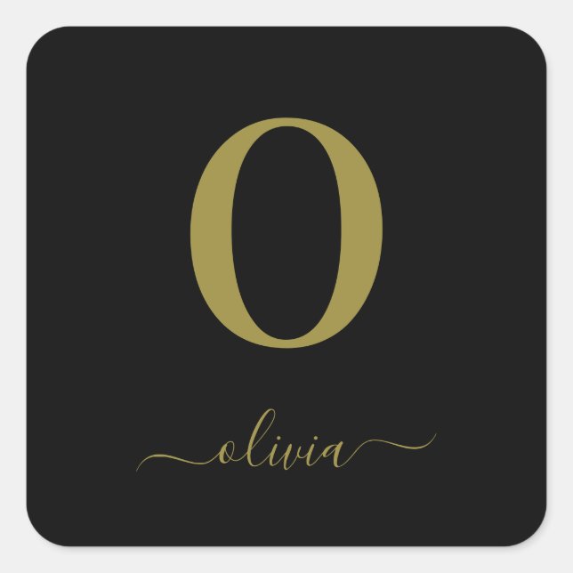 Monogram Script Name Personalised Black And Gold Square Sticker (Front)