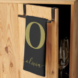 Monogram Script Name Personalised Black And Gold Tea Towel<br><div class="desc">This elegant monogram and stylish script name design can be given as a gift for a birthday, Mother's Day or any occasion. It can be personalised with the person's initial and name. You can change the font, font colour, font size and background colour using the Design Tool. The font size...</div>