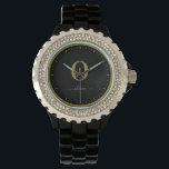 Monogram Script Name Personalised Black And Gold Watch<br><div class="desc">This stylish monogram and elegant script name design can be given as a gift for a birthday,  wedding favour,  bridal shower or any occasion. It can be customised with the person's initial and name.</div>