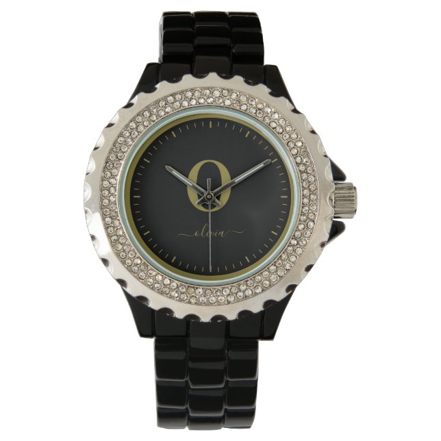 Monogram Script Name Personalised Black And Gold Watch (Front)