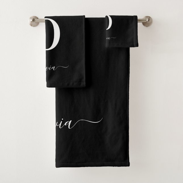 Monogram Script Name Personalised Black And White Bath Towel Set (Insitu)