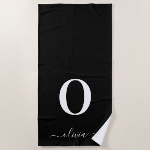 Monogram Script Name Personalised Black And White Beach Towel