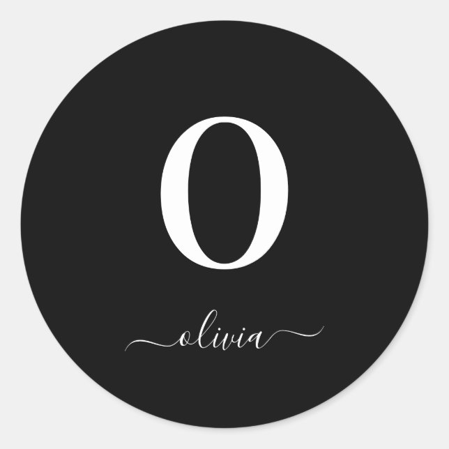 Monogram Script Name Personalised Black And White Classic Round Sticker (Front)