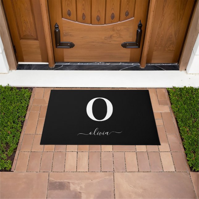 Monogram Script Name Personalised Black And White Doormat (Outdoor)